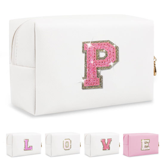 Picture of Small Initial Patch Makeup Bag Personalized Gifts Make Up Bag,White Cute PU Leather Glitter Letter Cosmetic Bag with Zipper,Trendy Portable Travel Toiletry Pouch,Preppy Stuff for Teen Girls Women P
