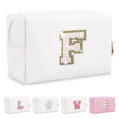 Picture of Small Initial Patch Makeup Bag Personalized Gifts Make Up Bag,White Cute PU Leather Glitter Letter Cosmetic Bag with Zipper,Trendy Portable Travel Toiletry Pouch,Preppy Stuff for Teen Girls Women F