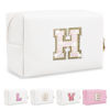 Picture of Small Initial Patch Makeup Bag Personalized Gifts Make Up Bag,White Cute PU Leather Glitter Letter Cosmetic Bag with Zipper,Trendy Portable Travel Toiletry Pouch,Preppy Stuff for Teen Girls Women H
