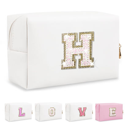 Picture of Small Initial Patch Makeup Bag Personalized Gifts Make Up Bag,White Cute PU Leather Glitter Letter Cosmetic Bag with Zipper,Trendy Portable Travel Toiletry Pouch,Preppy Stuff for Teen Girls Women H