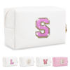 Picture of Small Initial Patch Makeup Bag Personalized Gifts Make Up Bag,White Cute PU Leather Glitter Letter Cosmetic Bag with Zipper,Trendy Portable Travel Toiletry Pouch,Preppy Stuff for Teen Girls Women S
