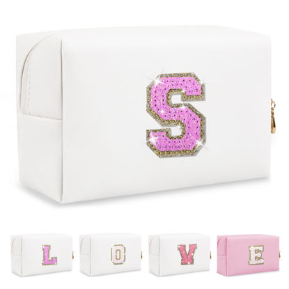 Picture of Small Initial Patch Makeup Bag Personalized Gifts Make Up Bag,White Cute PU Leather Glitter Letter Cosmetic Bag with Zipper,Trendy Portable Travel Toiletry Pouch,Preppy Stuff for Teen Girls Women S