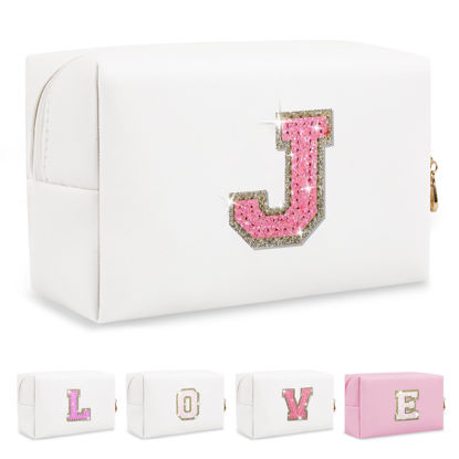 Picture of Small Initial Patch Makeup Bag Personalized Gifts Make Up Bag,White Cute PU Leather Glitter Letter Cosmetic Bag with Zipper,Trendy Portable Travel Toiletry Pouch,Preppy Stuff for Teen Girls Women J