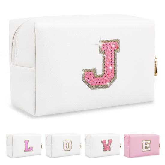 Picture of Small Initial Patch Makeup Bag Personalized Gifts Make Up Bag,White Cute PU Leather Glitter Letter Cosmetic Bag with Zipper,Trendy Portable Travel Toiletry Pouch,Preppy Stuff for Teen Girls Women J