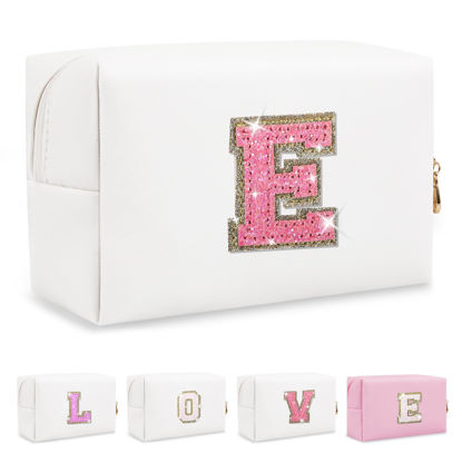 Picture of Small Initial Patch Makeup Bag Personalized Gifts Make Up Bag,White Cute PU Leather Glitter Letter Cosmetic Bag with Zipper,Trendy Portable Travel Toiletry Pouch,Preppy Stuff for Teen Girls Women E