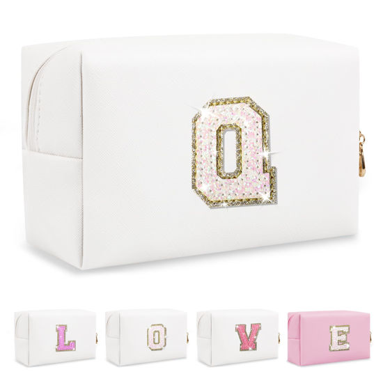 Picture of Small Initial Patch Makeup Bag Personalized Gifts Make Up Bag,White Cute PU Leather Glitter Letter Cosmetic Bag with Zipper,Trendy Portable Travel Toiletry Pouch,Preppy Stuff for Teen Girls Women Q