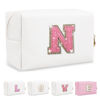 Picture of Small Initial Patch Makeup Bag Personalized Gifts Make Up Bag,White Cute PU Leather Glitter Letter Cosmetic Bag with Zipper,Trendy Portable Travel Toiletry Pouch,Preppy Stuff for Teen Girls Women N
