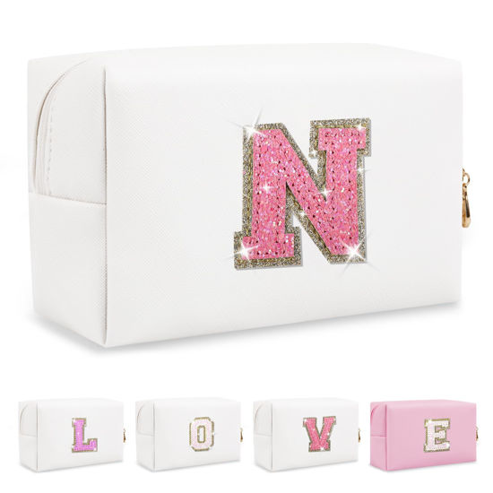 Picture of Small Initial Patch Makeup Bag Personalized Gifts Make Up Bag,White Cute PU Leather Glitter Letter Cosmetic Bag with Zipper,Trendy Portable Travel Toiletry Pouch,Preppy Stuff for Teen Girls Women N