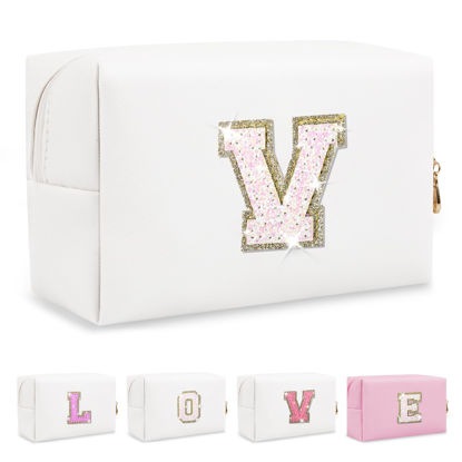 Picture of Small Initial Patch Makeup Bag Personalized Gifts Make Up Bag,White Cute PU Leather Glitter Letter Cosmetic Bag with Zipper,Trendy Portable Travel Toiletry Pouch,Preppy Stuff for Teen Girls Women V