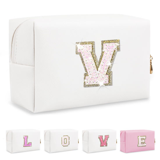 Picture of Small Initial Patch Makeup Bag Personalized Gifts Make Up Bag,White Cute PU Leather Glitter Letter Cosmetic Bag with Zipper,Trendy Portable Travel Toiletry Pouch,Preppy Stuff for Teen Girls Women V