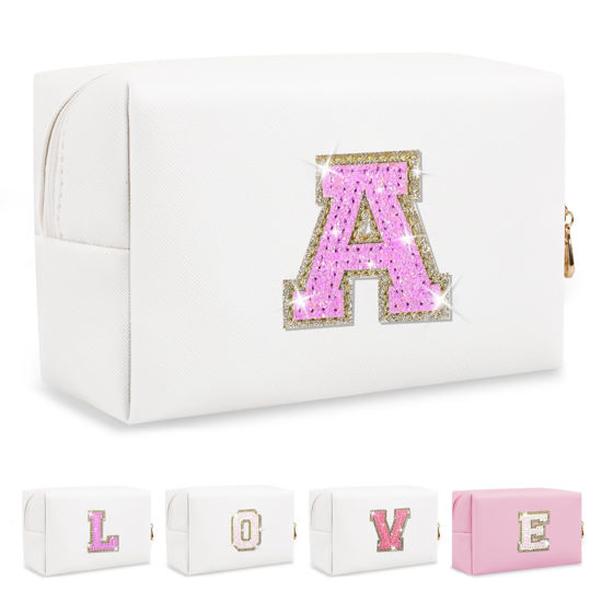 Picture of Small Initial Patch Makeup Bag Personalized Gifts Make Up Bag,White Cute PU Leather Glitter Letter Cosmetic Bag with Zipper,Trendy Portable Travel Toiletry Pouch,Preppy Stuff for Teen Girls Women A