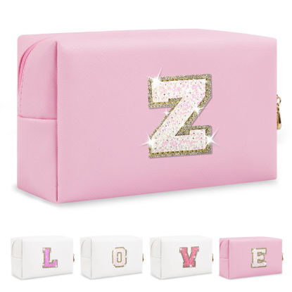 Picture of Small Personalized Initial A-Z Patch Makeup Bag,Pink Cute PU Leather Glitter Letter Cosmetic Bag for Teen Girls,Travel Toiletry Bag with Zipper,Preppy Monogrammed Birthday Gift for Daughter Niece Z