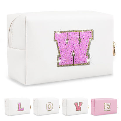 Picture of Small Initial Patch Makeup Bag Personalized Gifts Make Up Bag,White Cute PU Leather Glitter Letter Cosmetic Bag with Zipper,Trendy Portable Travel Toiletry Pouch,Preppy Stuff for Teen Girls Women W