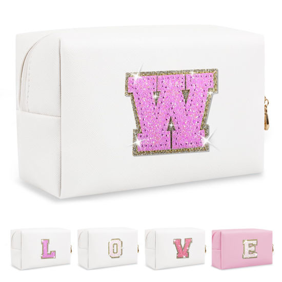 Picture of Small Initial Patch Makeup Bag Personalized Gifts Make Up Bag,White Cute PU Leather Glitter Letter Cosmetic Bag with Zipper,Trendy Portable Travel Toiletry Pouch,Preppy Stuff for Teen Girls Women W