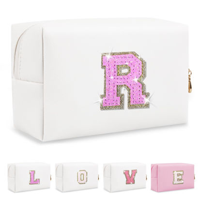 Picture of Small Initial Patch Makeup Bag Personalized Gifts Make Up Bag,White Cute PU Leather Glitter Letter Cosmetic Bag with Zipper,Trendy Portable Travel Toiletry Pouch,Preppy Stuff for Teen Girls Women R