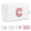 Picture of Small Initial Patch Makeup Bag Personalized Gifts Make Up Bag,White Cute PU Leather Glitter Letter Cosmetic Bag with Zipper,Trendy Portable Travel Toiletry Pouch,Preppy Stuff for Teen Girls Women C