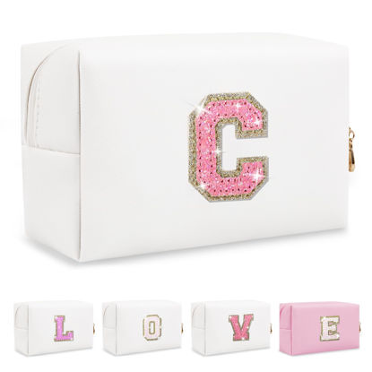 Picture of Small Initial Patch Makeup Bag Personalized Gifts Make Up Bag,White Cute PU Leather Glitter Letter Cosmetic Bag with Zipper,Trendy Portable Travel Toiletry Pouch,Preppy Stuff for Teen Girls Women C