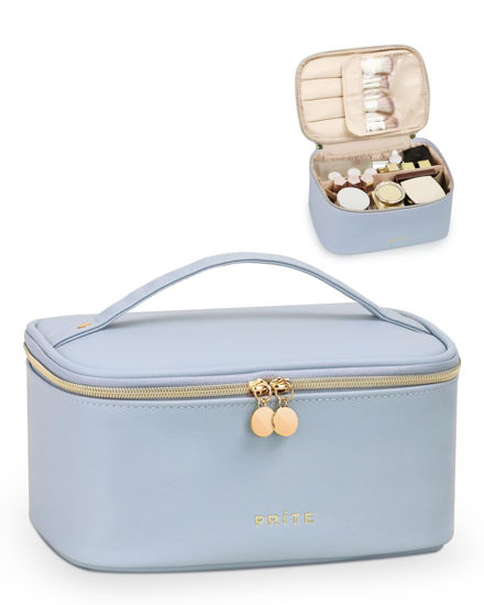 Picture of Prite Makeup Bag, Large Capacity Portable Travel Cosmetic Bag, Waterproof Makeup Organizer for Women with Handle and Divider(Blue)
