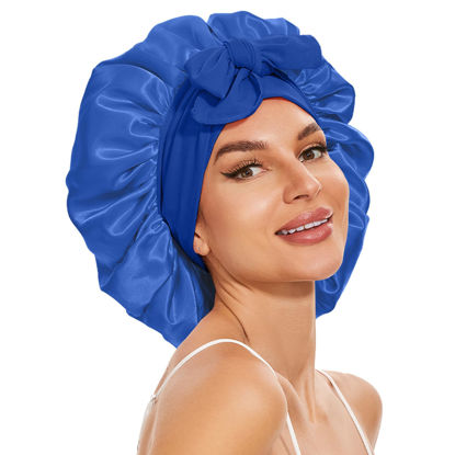 Picture of Silk Bonnet for Sleeping Women, Silk Hair Bonnet for Sleeping, Silk Hair Wrap for Sleeping Women, Satin Bonnet with Tie Band Blue