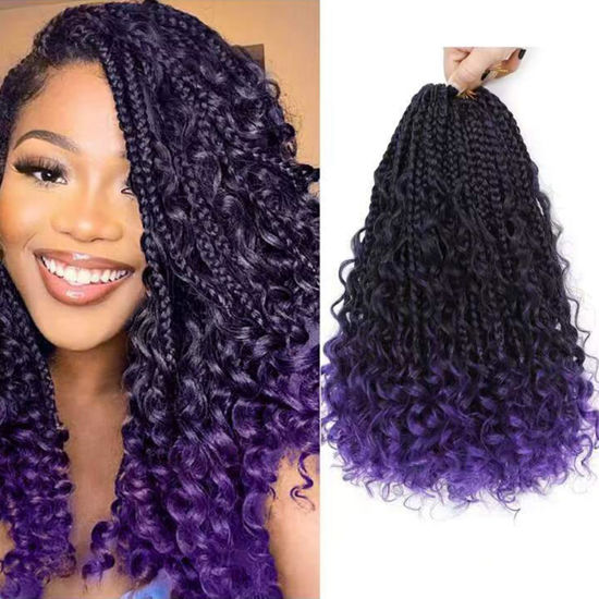 Picture of Yewell 9 Packs Goddess Box Braids Crochet Hair Boho Crochet Box Braids With Curly Ends Crochet Hair For Black Women, 10 Inch Pre Looped Bohemian Crochet Box Braids Hair (10Inch 9 Packs,Tpurple)