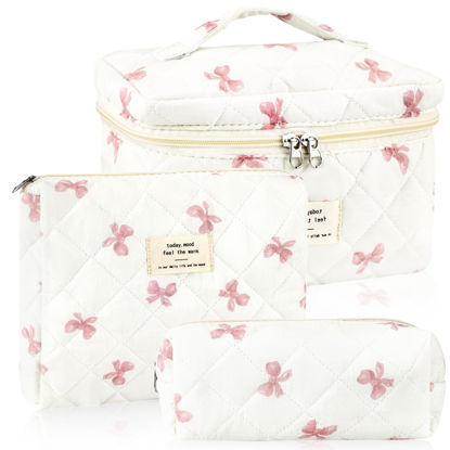 Picture of URSKYTOUS 3Pc Cotton Quilted Makeup Bag for Women Extra Large Coquette Small Floral Travel Cosmetic Bag Set Aesthetic Cute Bow Makeup Pouch Portable Toiletry Bag Puffy Essential Storage Organizer Bag