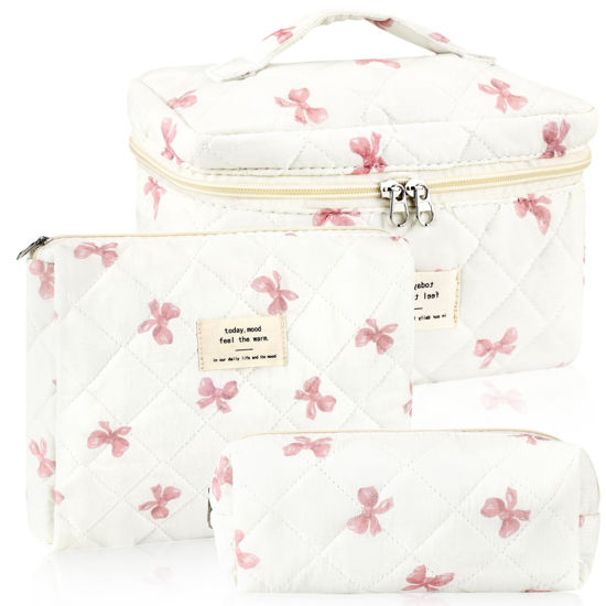 Picture of URSKYTOUS 3Pc Cotton Quilted Makeup Bag for Women Extra Large Coquette Small Floral Travel Cosmetic Bag Set Aesthetic Cute Bow Makeup Pouch Portable Toiletry Bag Puffy Essential Storage Organizer Bag