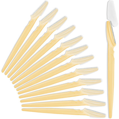 Picture of 12 Pcs Eyebrow Razors, Face Razors Multipurpose, Exfoliating Dermaplaning Tools, Eyebrow Trimmers Shaver with Safety Cover, Facial Hair Removal for Women Men Body Use (Yellow)