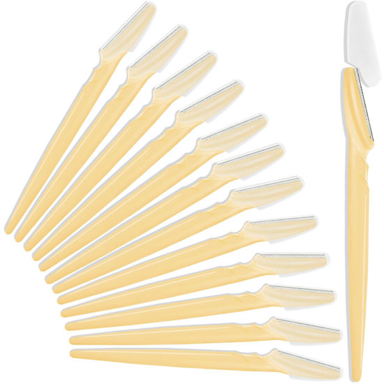 Picture of 12 Pcs Eyebrow Razors, Face Razors Multipurpose, Exfoliating Dermaplaning Tools, Eyebrow Trimmers Shaver with Safety Cover, Facial Hair Removal for Women Men Body Use (Yellow)