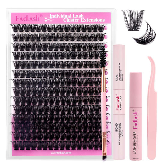 Picture of FADLASH DIY Lash Extension Kit Individual Lashes Cluster D Curl Eyelash Extension Kit D Curl Lash Clusters Lash Applicator Tool for Self Application at Home(KIT 100D-D-12-18mm)