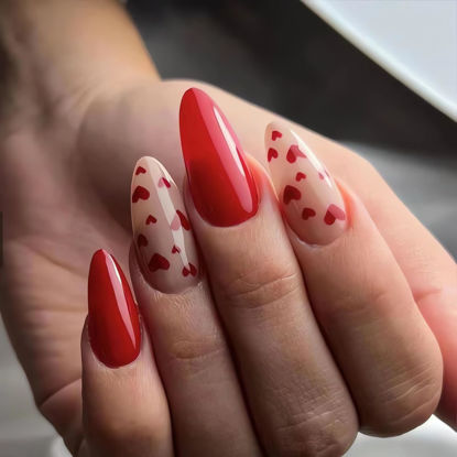 Picture of Almond Valentine’s Day Press on Nails Red Small Heart Fake Nails, LPOODDNU Red Hearts Glue on Nails Medium Valentine’s Day Artificial Nails Cute Heart Stick on Nails for Women Manicure DIY, 24Pcs