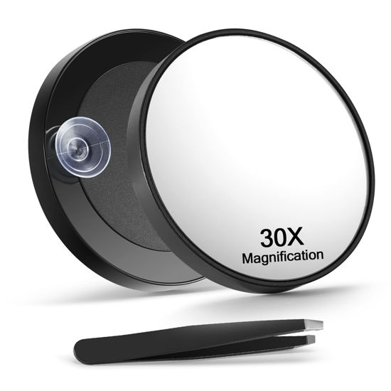 Picture of Macaki 30X Magnifying Mirror with 2 Suction Cups, 3.5 inches Magnified Makeup Mirror and Slant Tweezers,Black,1PC
