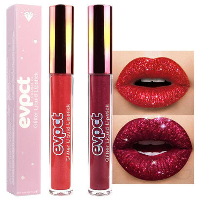 Picture of evpct 2Pcs Ruby Red & Dark Red Matte to Glitter Liquid Lipstick Long Lasting Lip Set Kit for Women Diamond Shiny Glitter Sparkly Glossy Metallic Shimmer Sparkle Waterproof Lipstick Lip Gloss 03+04