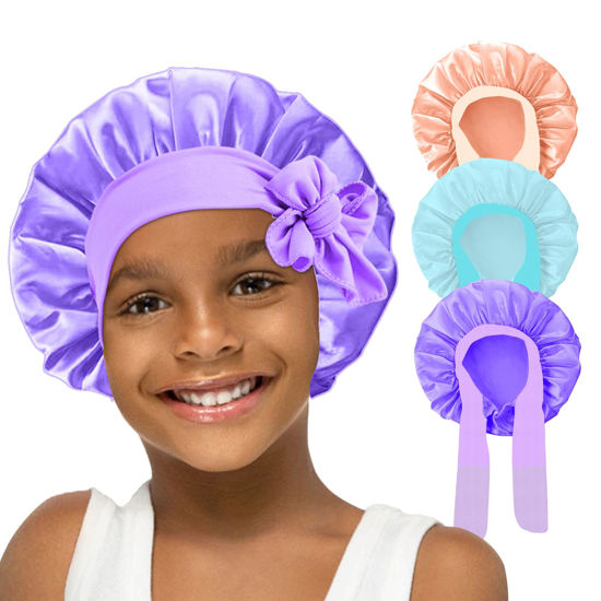 Picture of 3Pcs Kids Silk Satin Bonnet for Sleeping - Baby Hair Sleep Bonnet,Kids Bonnets for Girls Toddler Child with Wide Elastic Tie Band,Sleep Cap Night Hair Hats for Curly Natural Hair(Purple+Blue+Gold)