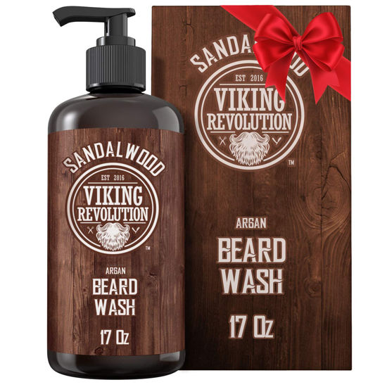 Picture of Viking Revolution Beard Wash Shampoo w/Argan & Jojoba Oils - Softens & Strengthens - Sandalwood Scent - Beard Shampoo w/Beard Oil (17 oz Shampoo)
