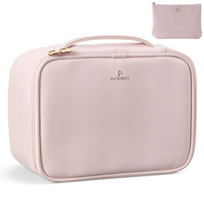 Picture of Pocmimut Makeup Bag,PU Leather Make Up Bag Cosmetic Bag,Large Makeup Bag with Brush Holder for Women(Pink)
