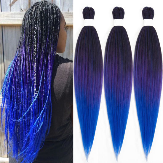 Picture of Braiding Hair Pre Stretched for Women Hair Extensions Box Braids Soft Synthetic Knotless Yaki Texture Hot Water Setting Braid PurpleBlue (24inch 3Packs)