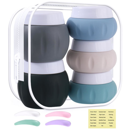 Picture of Travel Containers for Toiletries, GLAMFIELDS TSA Approved 2Pcs 1.7oz+3Pcs 1oz Travel Size Silicone Jars BPA Free, Leak-proof Travel Essentials with Lid for Cosmetic Face Hand Body Cream Grey (5Pack)