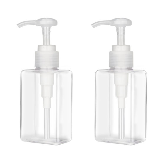 Picture of 100ml (3.4oz) Pump Bottle Dispenser Jansburg 2 Pack Refillable Flat Square Plastic Lotion Dispenser Leakproof Empty Lotion Pump Bottle for Essential Oil Soap Lotion Shampoo Clear