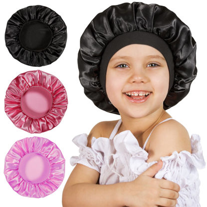 Picture of 3 Pcs Bonnet for Kids, Silk Bonnet for Sleeping, Satin Bonnet for Sleeping, Soft Wide Band Silk Sleep Cap, Bonnet for Curly Hair for Teens Child Toddler