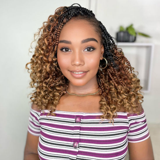 Picture of Yewell 9 Packs Goddess Box Braids Crochet Hair Boho Crochet Box Braids With Curly Ends Crochet Hair For Black Women,12 Inch Pre Looped Bohemian Crochet Box Braids Hair (12Inch 9Packs,1B/30/27)