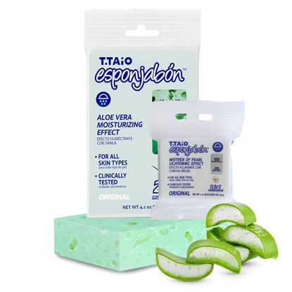 Picture of T.Taio Esponjabon Aloe Vera Soap Sponge - Gentle Shower Scrubber with Mini Mother of Pearl - Cleaning Bath Wash Scrub - Dirt & Oil Removal - Massage & Lather Foot, & Face - Fresh Aloe Vera Scent