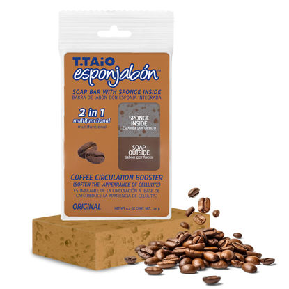 Picture of T.Taio Coffee Esponjabon Soap Sponge - Gentle Shower Scrubber - Cleaning Bath Wash Scrub - Dirt & Oil Removal - Massage & Lather Foot, Elbow, & Face Bathroom Accessories Fresh Nacre Scent