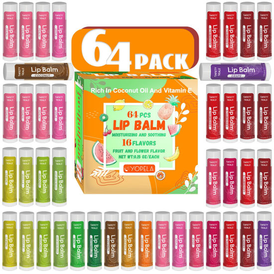 Picture of 64 Pack Natural Lip Balm Bulk with Vitamin E and Coconut Oil Valentine's Day best choice - Moisturizing, Soothing, and Repairing Dry and Chapped Lips Valentine's Gift - 16 Flavors - Non-GMO