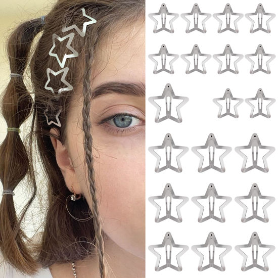 Picture of Star Hair Clips 2000s Y2K Snap Hair Barrettes Non Slip Star Hair Accessories Silver Metal Hair Clips for Girls Women -20 PCS 1.18", 1.57"