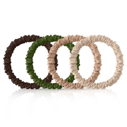 Picture of 4Pcs 100% Mulberry Silk Scrunchies Hair Care, Mulberry Silk Skinny Hair Ties Elastic, 22 Momme Mulberry Silk Hair Ties Scrunchies Set Women Curly Thin Hair (Blonde,Camel,Green,Dark Brown)