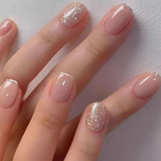 Picture of French Tip Press on Nails Glitter Petite Short Square Fake Nails Pink Nude Glossy Design Sparkly False Nails Glue on Nails with Full Cover Acrylic Stick on Nails for Women Girls Nail Decorations 24Pcs