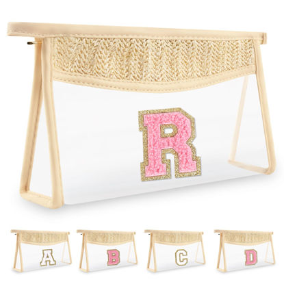 Picture of Small Boho Straw Initial Letter Makeup Bag Personalized Gift ,Cute Clear Chenille Patch Makeup Bag With Zipper,Trendy TSA Approved Travel Toiletry Bag,Gift for Women Girls Birthday Friend, Letter R