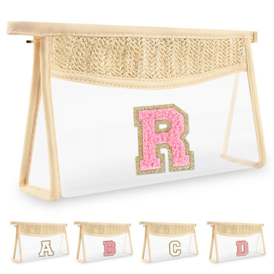 Picture of Small Boho Straw Initial Letter Makeup Bag Personalized Gift ,Cute Clear Chenille Patch Makeup Bag With Zipper,Trendy TSA Approved Travel Toiletry Bag,Gift for Women Girls Birthday Friend, Letter R