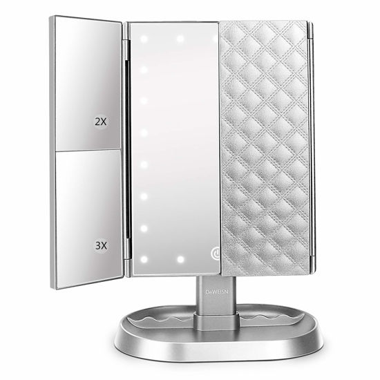 Picture of deweisn Trifold Lighted Vanity Makeup Mirror with 21 LED Lights,1/2/3 Magnification and Dimming,Two Power Supplies Makeup Mirror,Gift for Women