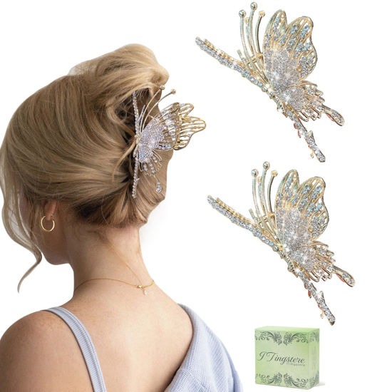 Picture of Butterfly Hair Claw Clips for Women, 2Pcs Rhinestone Large Non-Slip Strong Metal Hair Clip Thick Hair Styling Strong Hold Hair Fashion Hair Accessories